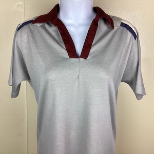 Vintage 80s JC Penney Superwear Women’s Polo Shirt Buttonless Terry Cloth Gray Maroon Size XL 18-20