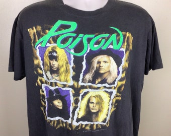 Vtg 1990 Poison Concert T-Shirt Faded Black XL 90s Heavy Metal Hard Rock Band Brockum