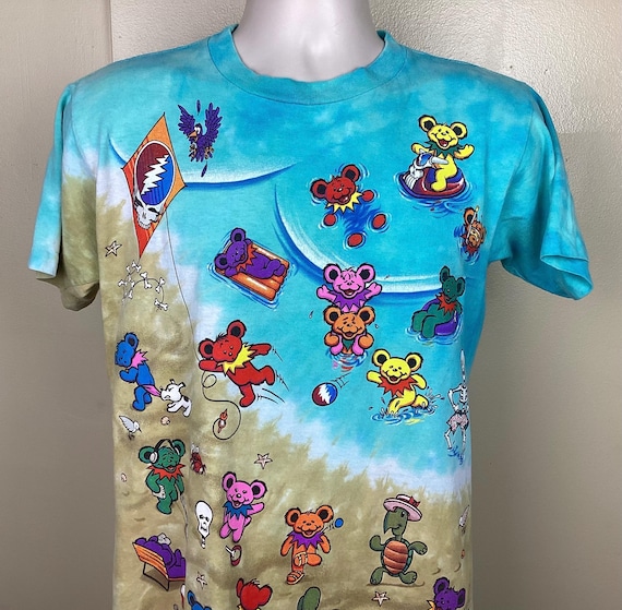 Vtg 1999 Grateful Dead Liquid Blue Beach T-shirt Blue Beige Tie
