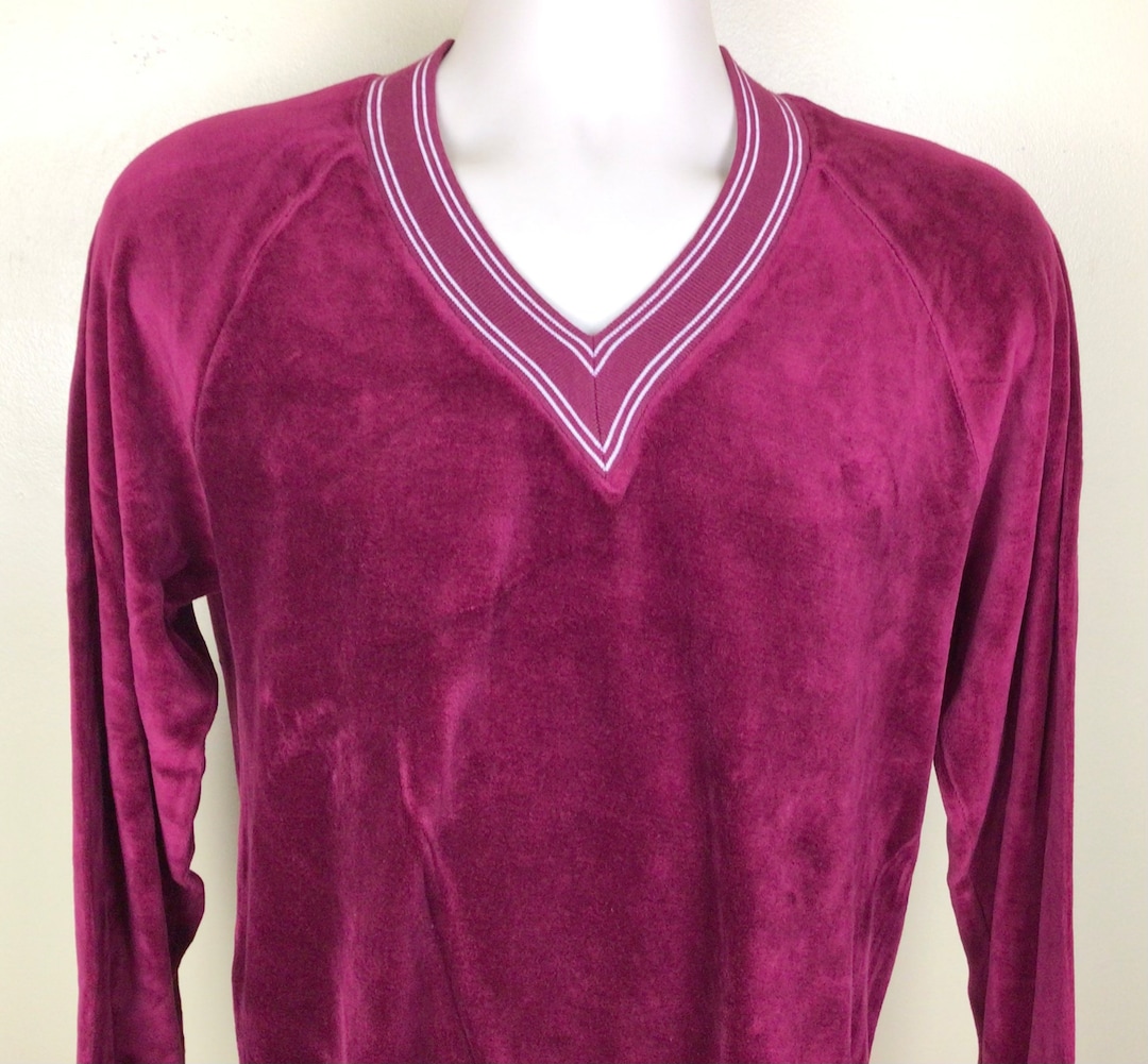 Vtg 70s 80s Jaccar of California Burgundy Velour V-neck Sweater M 100% ...