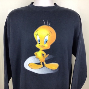 Vtg 1999 Looney Tunes Tweety Bird Crewneck Sudadera Negro L 90s Animación Dibujos animados Hecho en EE.UU.
