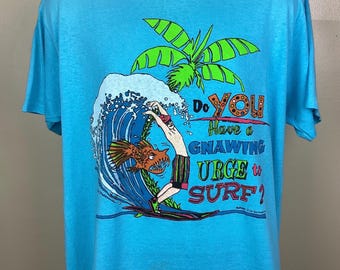Vintage 80s 90s Gnawing Urge to Surf T-shirt Blue XL Surfing