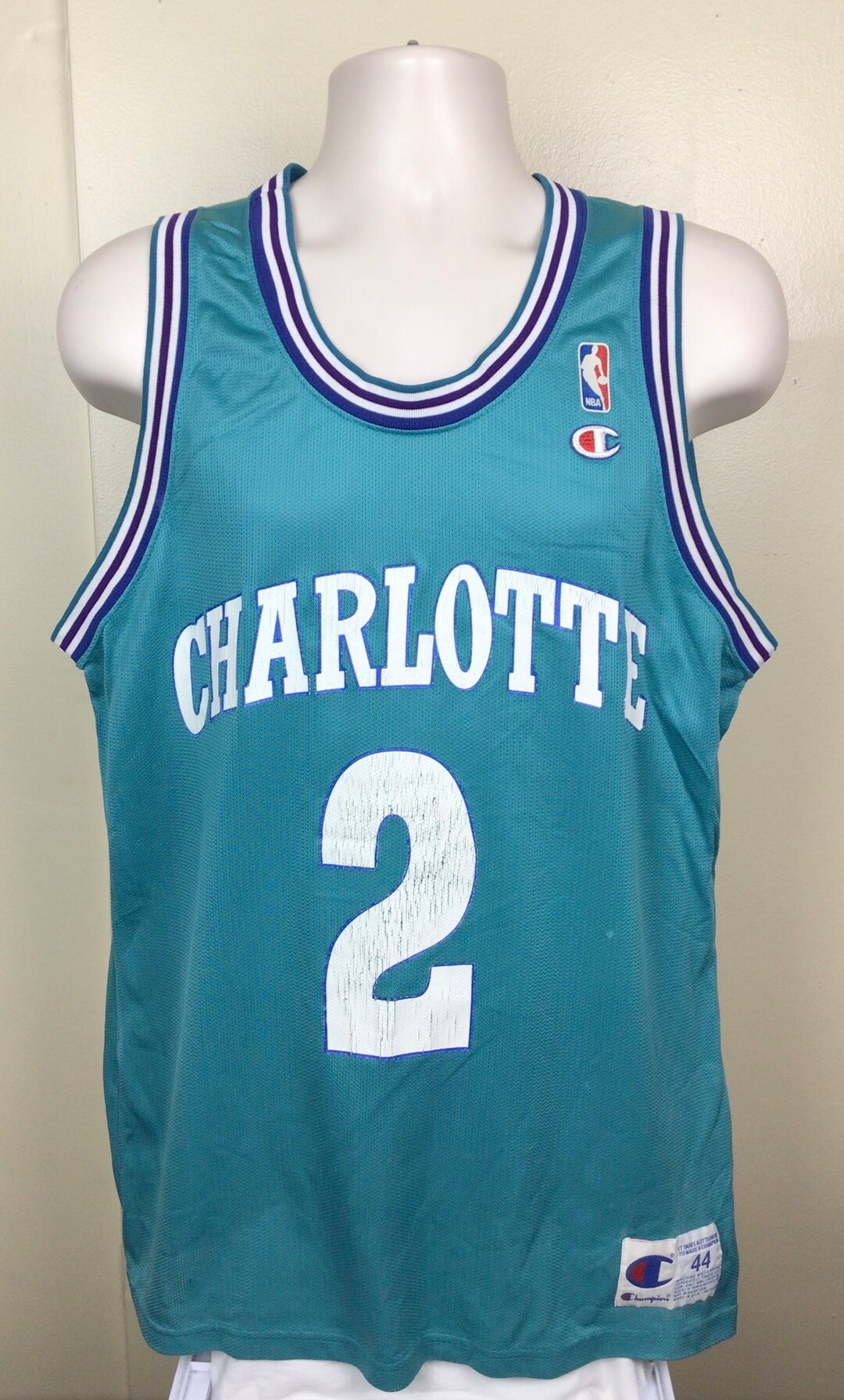 Vtg 90s Champion Larry Johnson Charlotte Jersey Teal Size 44 NBA Basketball Team Made in