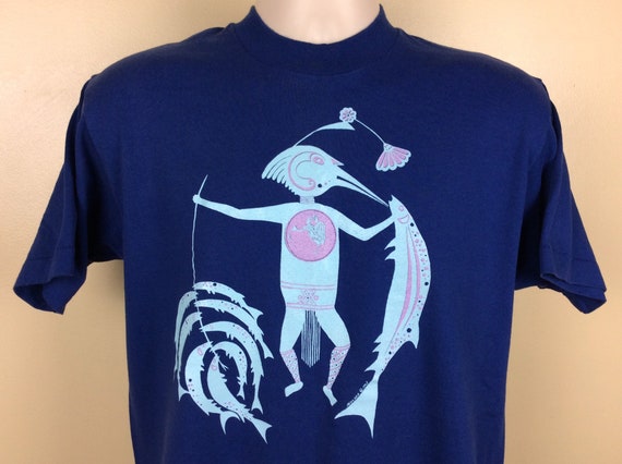 Vtg 1993 Native American Art T-shirt Blue M 90s Bird Man Fish