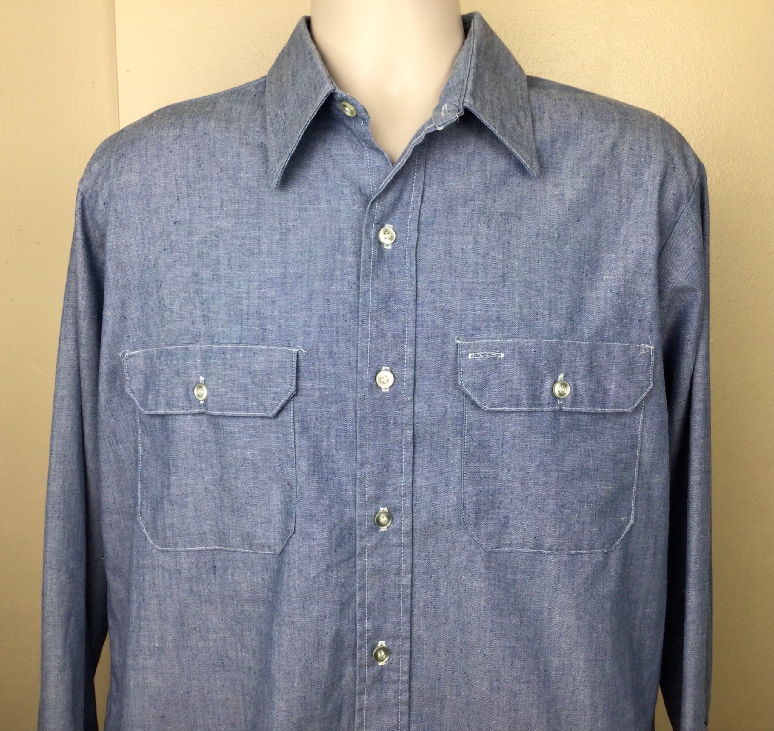 Vtg 60s 70s Sears Chambray Work Shirt Blue L Tall Size 50/50 Vtg 60s 70s Sears Chambray Work Shirt Blue L Tall Size 50/50