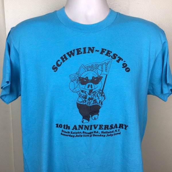 Vtg 1990 Schwein Fest ‘90 T-Shirt Blue L Screen Stars Pig Holland NY Western New York