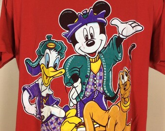 Vtg 90s Mickey Mouse Donald Duck T-shirt Red XL Pluto Disney Hip