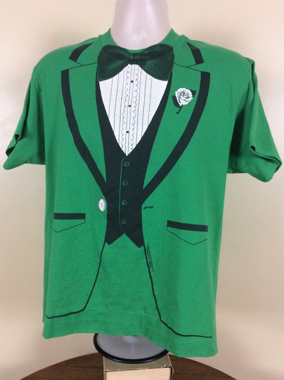 Vtg 80s Screen Stars Tuxedo T-Shirt Green M/L St … - image 4