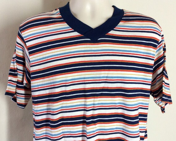 Vtg 70s KMart Striped V-Neck T-Shirt M/L K-Mart S… - image 1