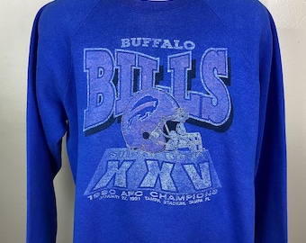 Vintage 1991 Buffalo Bills Super Bowl XXV Sweatshirt Blue Raglan L/XL 90s AFC Champions Fruit Of The Loom
