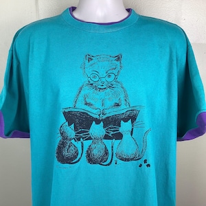 Vtg 1993 Katzen T-Shirt Grün XL 90er Jahre Tier Haustier Cartoon Doppelhalsband