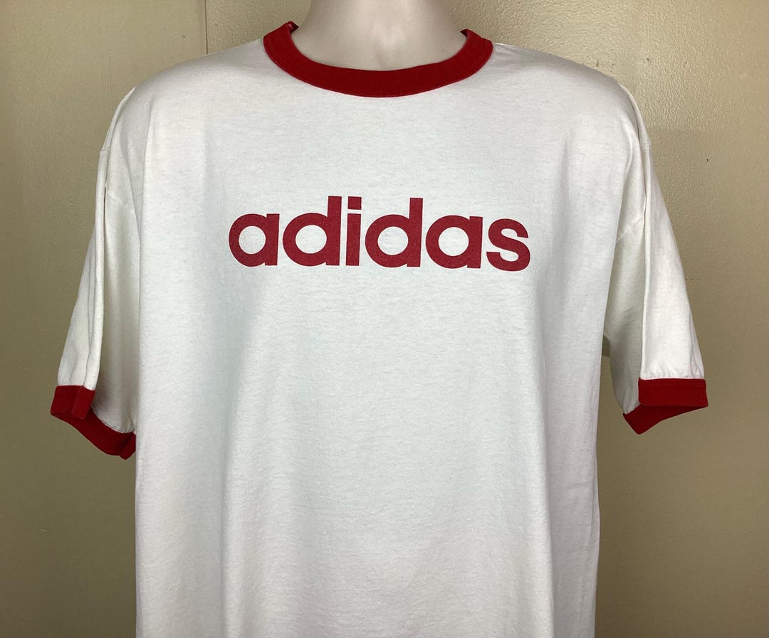Vtg 90s Adidas Ringer T-shirt White Red L Spell Out Spellout