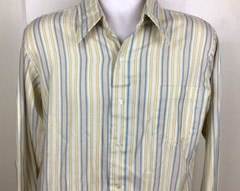 Vtg 60s 70s Fleetline Vertical Striped Long Sleeve Button Down Shirt Gold Yellow Blue L Perma Press Dress Cotton Blend