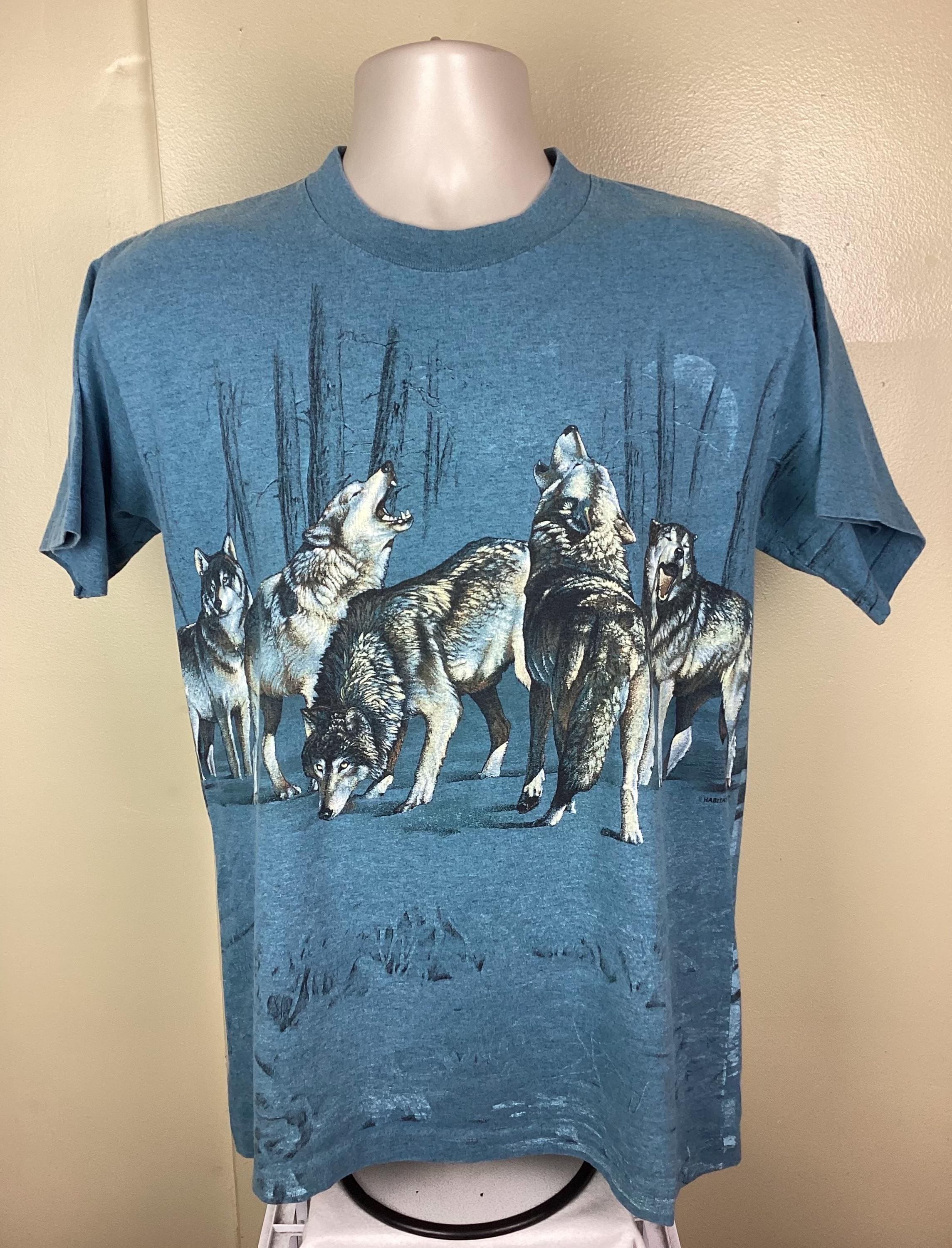 Vintage 1994 Habitat Wolves All Over Print T-shirt Blue M 90s Wolf