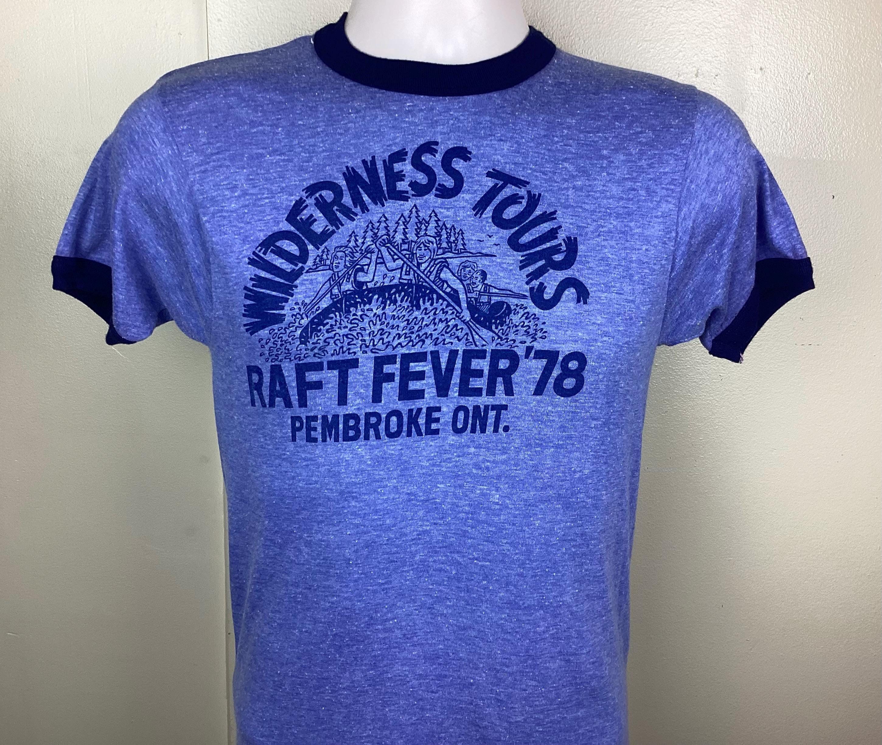 Vtg 1978 Pembroke Ontario Raft Fever Wilderness Tours Ringer T-Shirt Heather Blue XS/S 70s Canada Whitewater