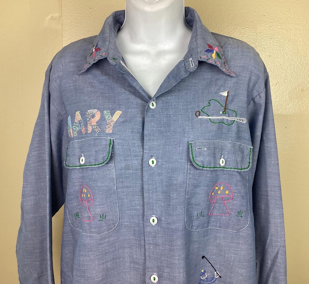 トップス 70s BIG MAC Chambray Shirt / JC Penney Vtg 70s JC Penney Big Mac Embroidered Chambray Shirt Blue L