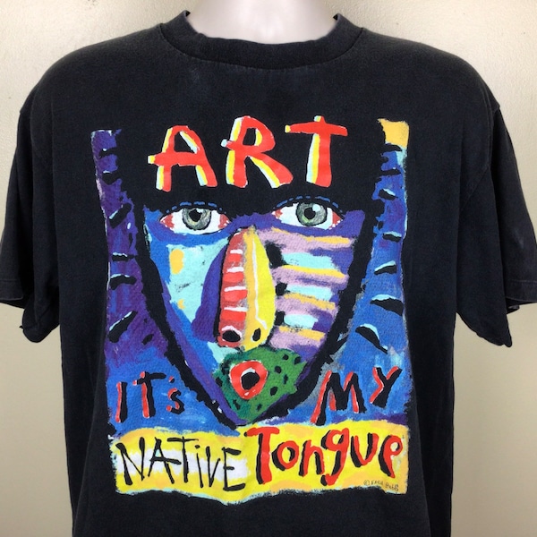 Vtg 90s Fred Babb Art It’s My Native Tongue T-Shirt Black XL Artist Painting Single Stitch