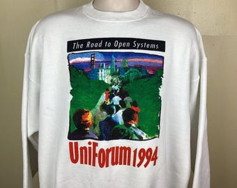 Vtg 1994 UniForum The Road To Open Systems Moletom com gola redonda branco GG Tecnologia dos anos 90 São Francisco Vale do Silício Hanes