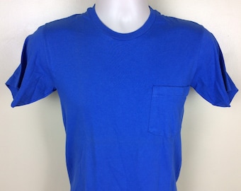 Vtg 80s Hanes Plain Blue Pocket T-Shirt XS/S Blank Single Stitch