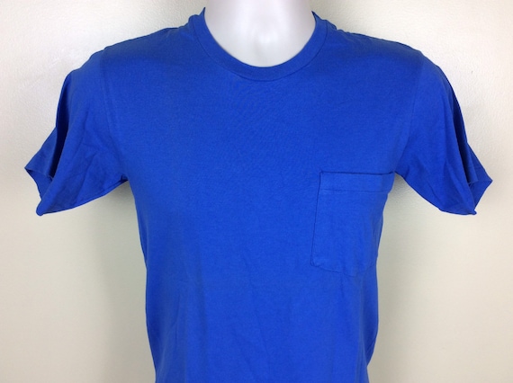Vtg 80s Hanes Plain Blue Pocket T-shirt XS/S Blank Single Stitch