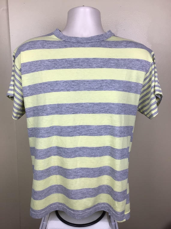 Vtg 80s Heather Gray Yellow Stripes T-Shirt M/L S… - image 3