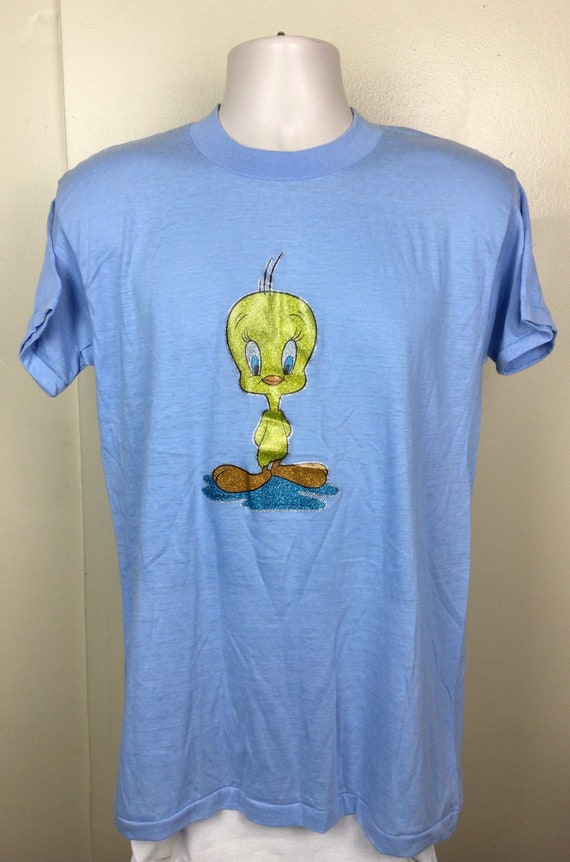 Vtg 80s Tweety Bird Glitter Iron On T-Shirt Blue … - image 2