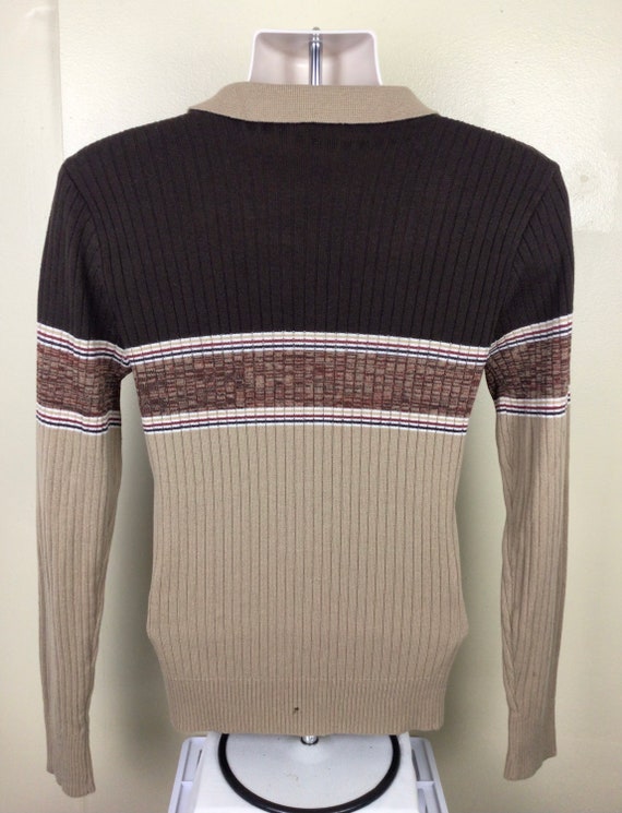 Vtg 70s Kennington Collared Sweater Brown M Strip… - image 3