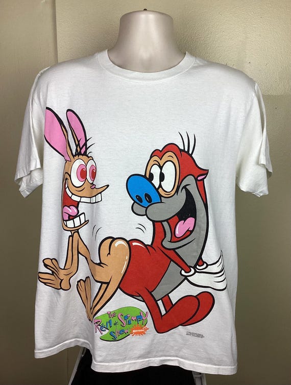 Vtg 1993 Ren & Stimpy Show T-shirt White L 90s Happy Joy Butt 