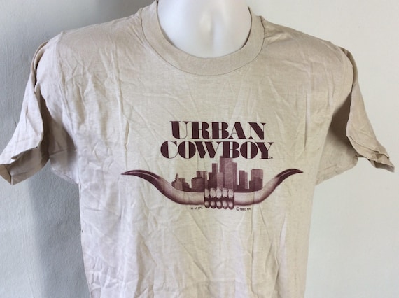 Vtg 1980 Urban Cowboy T-Shirt Beige 80s John Travo