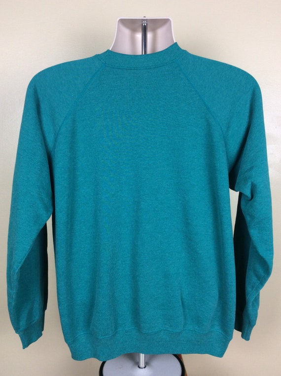 Vtg 80s Hanes Plain Teal Green Raglan Sweatshirt … - image 3
