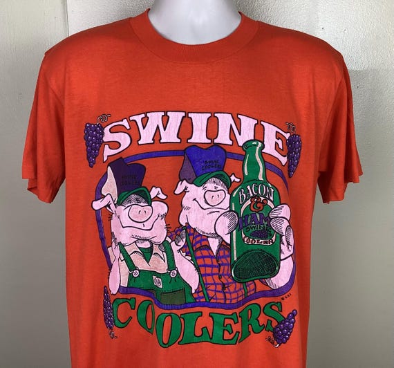 Vtg 80s Swine Coolers T-shirt Orange L/XL Bartles and Jaymes Wine