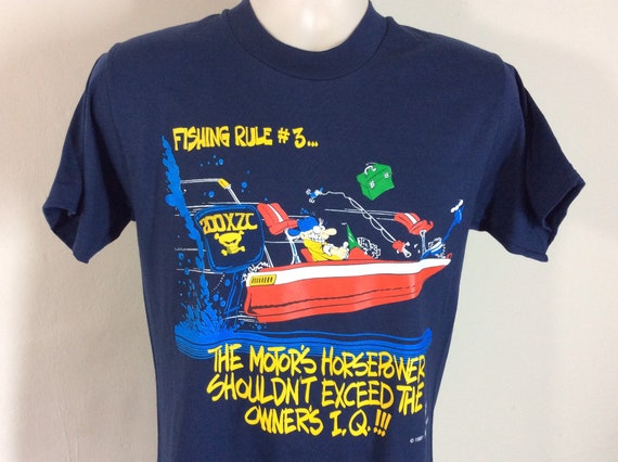 Vtg 1991 Fishing Rules T-Shirt Blue S/M 90s Funny… - image 1