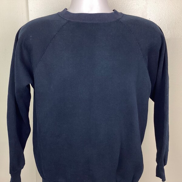 Vtg 80s Tultex Plain Black Raglan Crewneck Sweatshirt S/M Blank 50/50 Made In USA Crew Neck