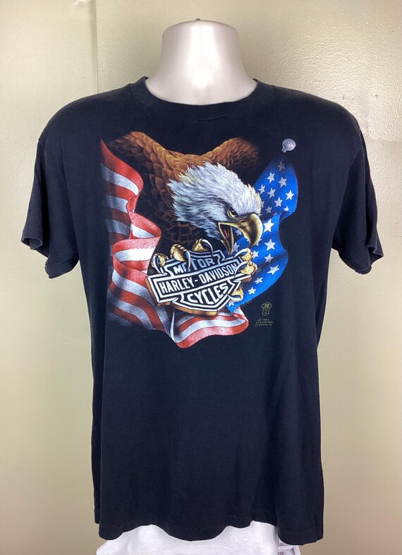 Vintage 1987 3D Emblem Harley Davidson T-shirt Black L/XL 80s Bald