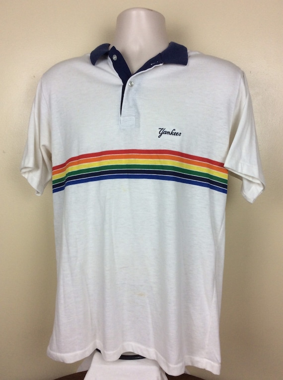 Vtg 80s NY Yankees Rainbow Stripes Polo Shirt Whi… - image 4