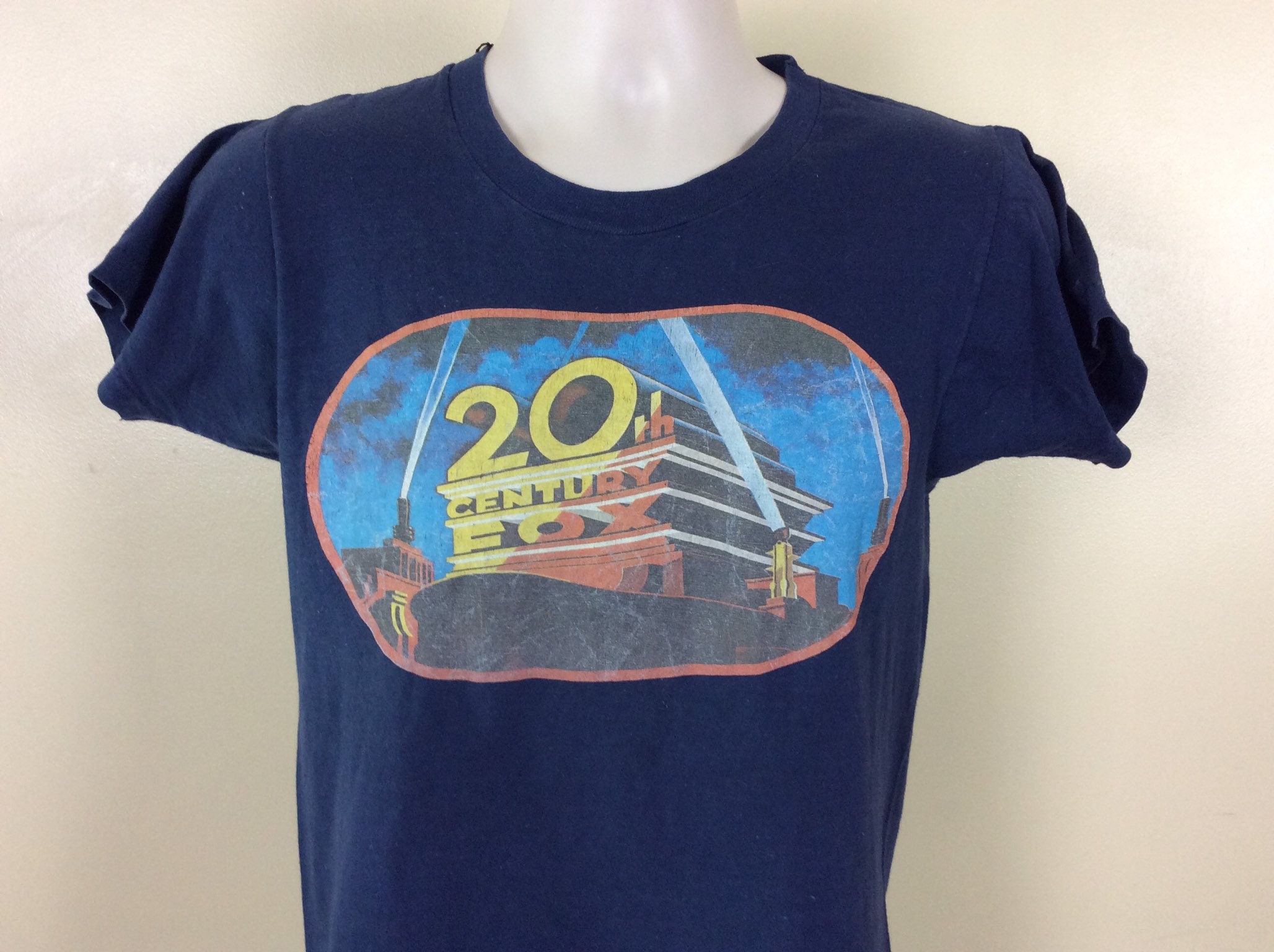 Vtg 70s 20th Century Fox Iron on T-shirt Navy Blue S/M Movie Studio 