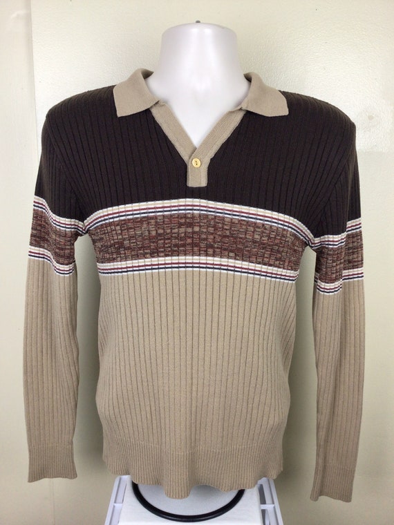 Vtg 70s Kennington Collared Sweater Brown M Strip… - image 2