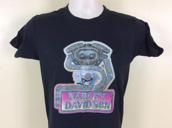 Vtg 80s Harley Davidson Iron on T-shirt Black XS/S
