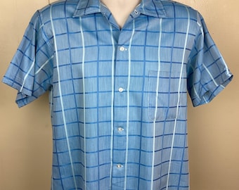 Chemise de sport à carreaux en rayonne pour homme vintage des années 50 M Medium WPL 12460 | Haut décontracté bleu rockabilly à manches courtes texturé flammé Mid-Century