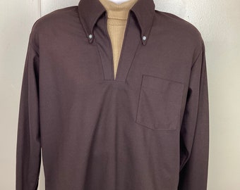 Vtg 70s Turtleneck Shirt Brown L Polyester Combination Combo Collared