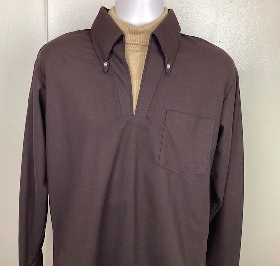 Vtg 70s Turtleneck Shirt Brown L Polyester Combin… - image 1