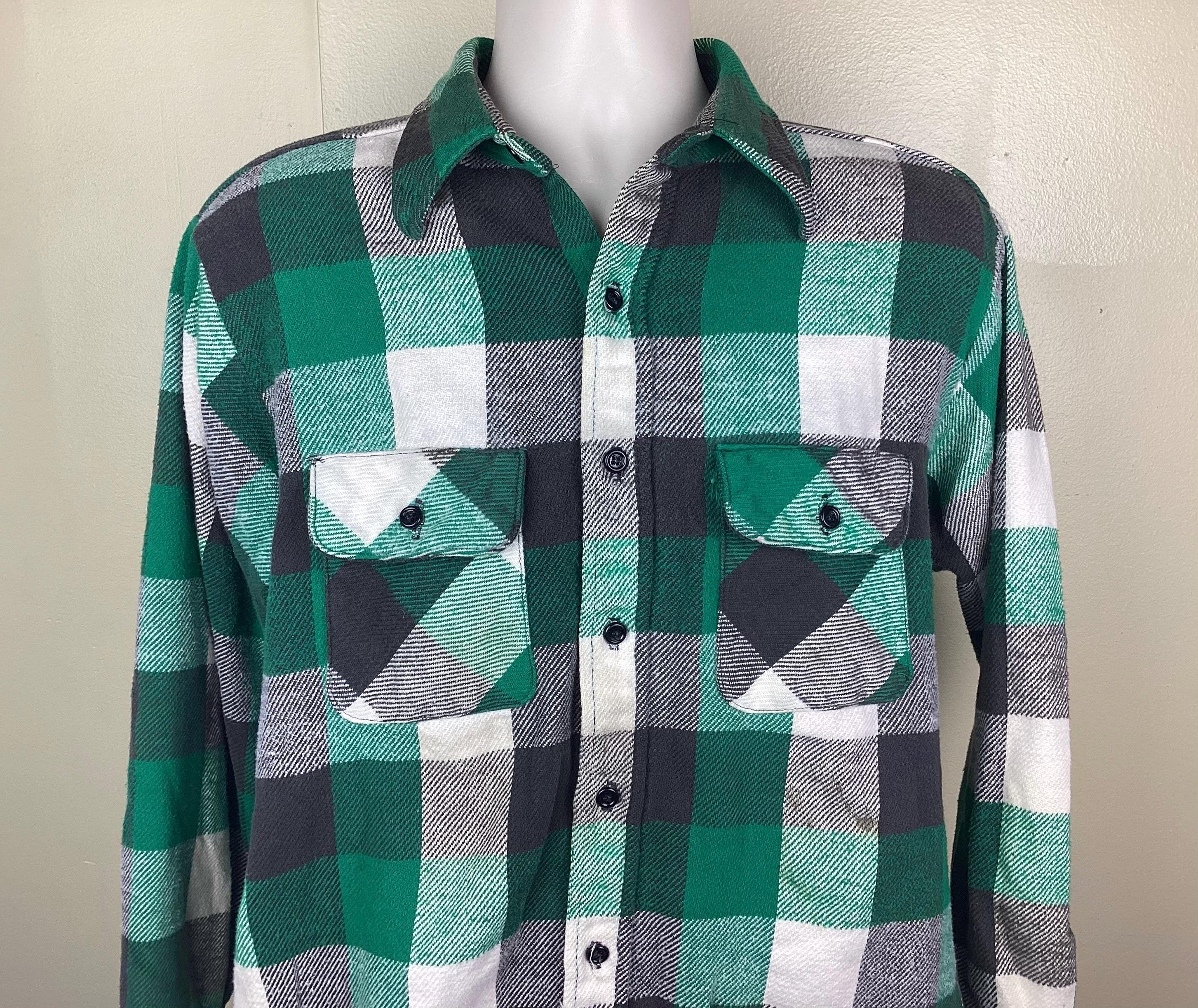 Vintage 60s Five Brother Flannel Shirt 16 1/2 M/L Green Plaid