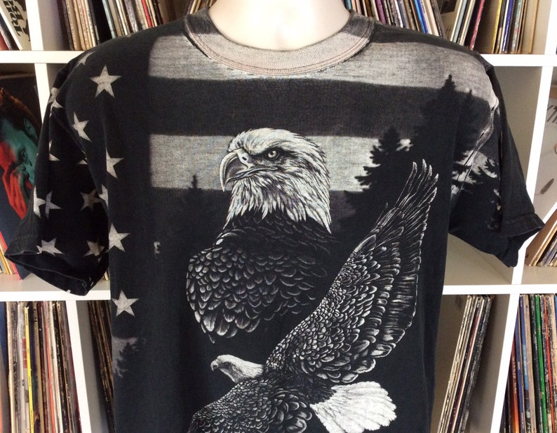 Vtg 90s Art Unlimited American Flag Bald Eagle All Over Print T-Shirt Black M USA
