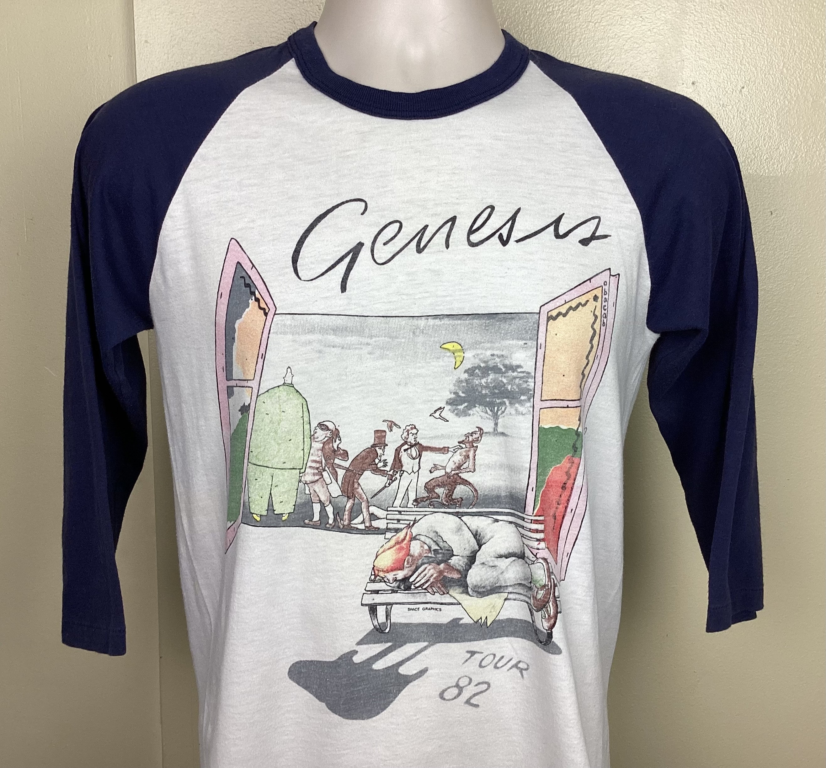 Vtg 1982 Genesis Raglan Jersey Style Concert T-shirt White Blue S