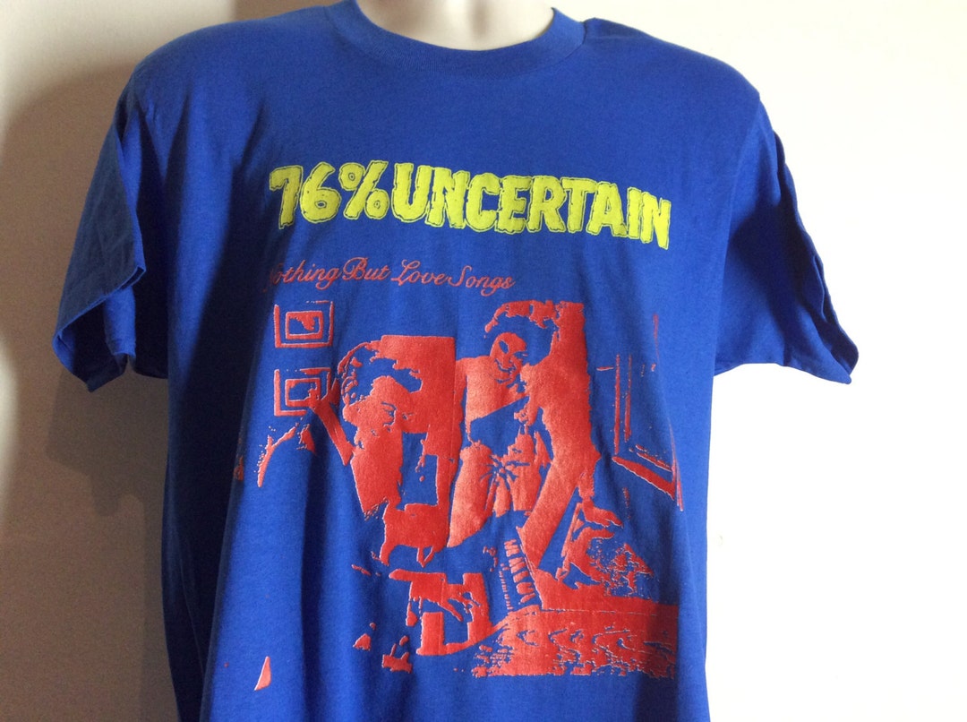 Vtg 1985 76% Uncertain Nothing but Love Songs T-shirt Blue L
