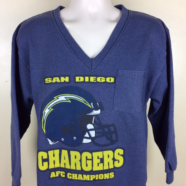 Vtg 1994 San Diego Chargers AFC Champions Pocket Sweatshirt Blue S/M V-Neck Striped Shirt Super Bowl