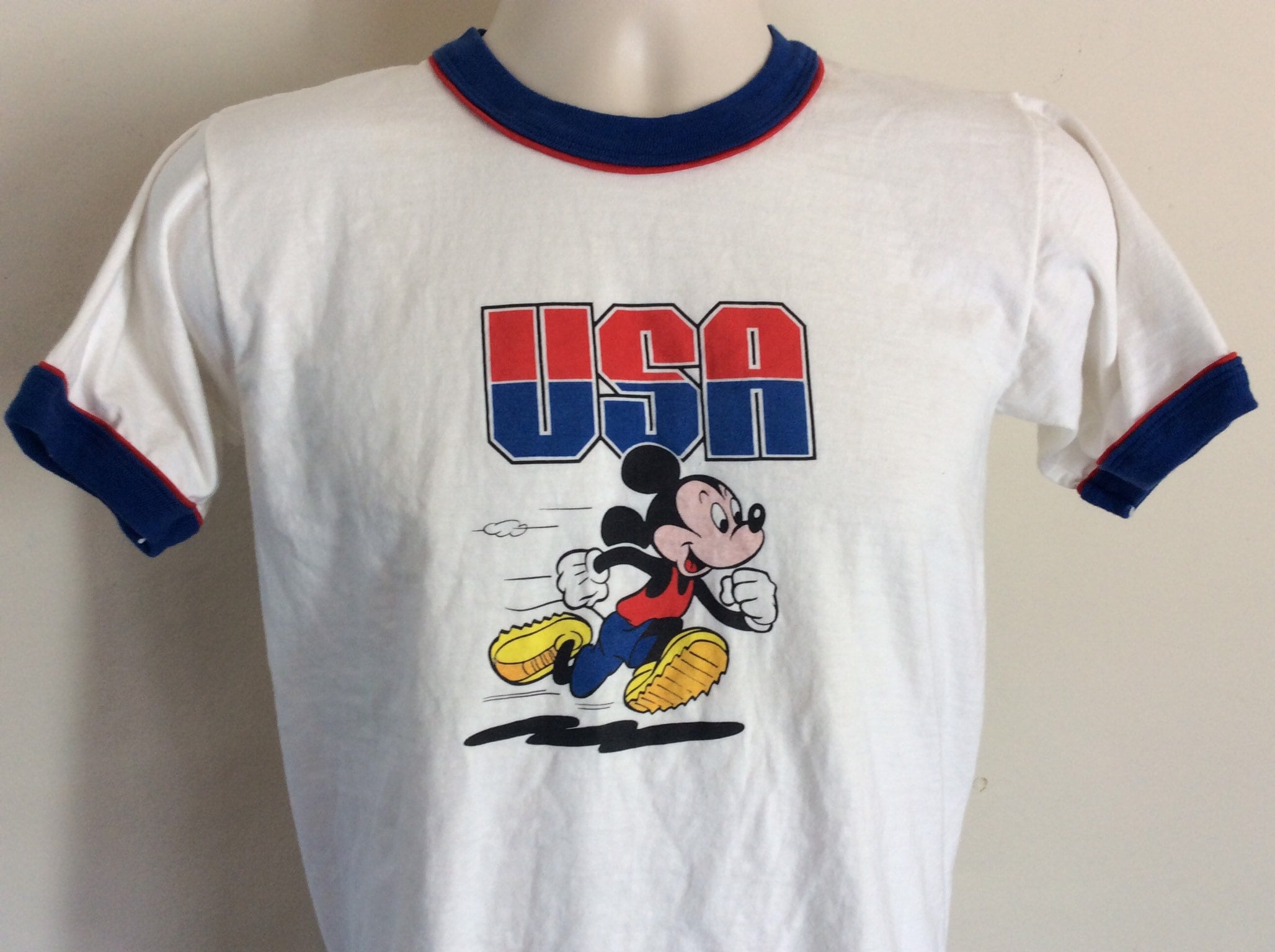 Vtg 80s Mickey Mouse USA Ringer T-shirt White XS/S Disney Running