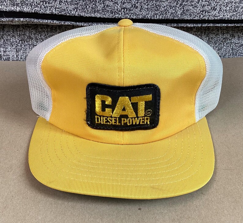 Vtg 80s Cat Diesel Power Mesh Trucker Hat Yellow White Adjustable