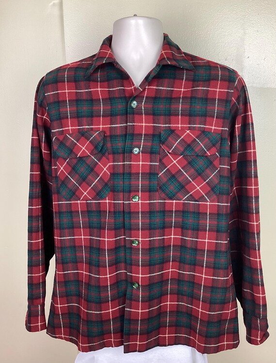 Vtg 50s 60s Pendleton Board Shirt M Red Green Wool Plaid Flannel 
