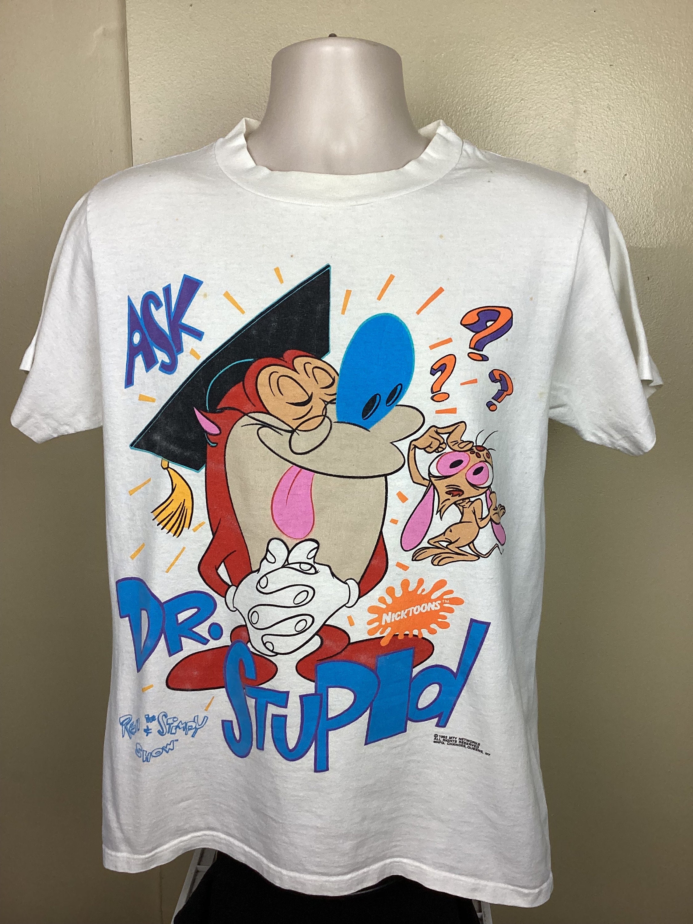 Vtg 1992 Ren and Stimpy Show Ask Dr Stupid T-shirt White M 90s